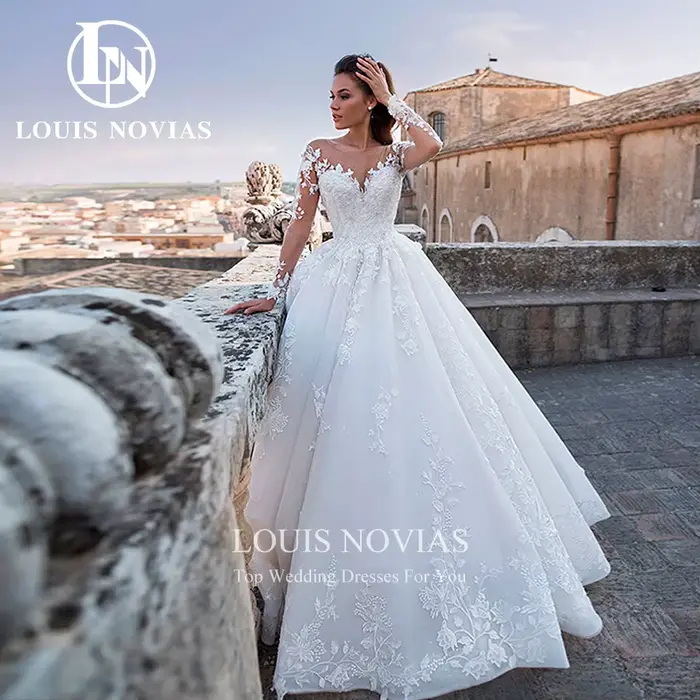 LOUIS NOVIAS robes De mariée pour les femmes magnifique perlée princesse à manches longues chérie à lacets robe