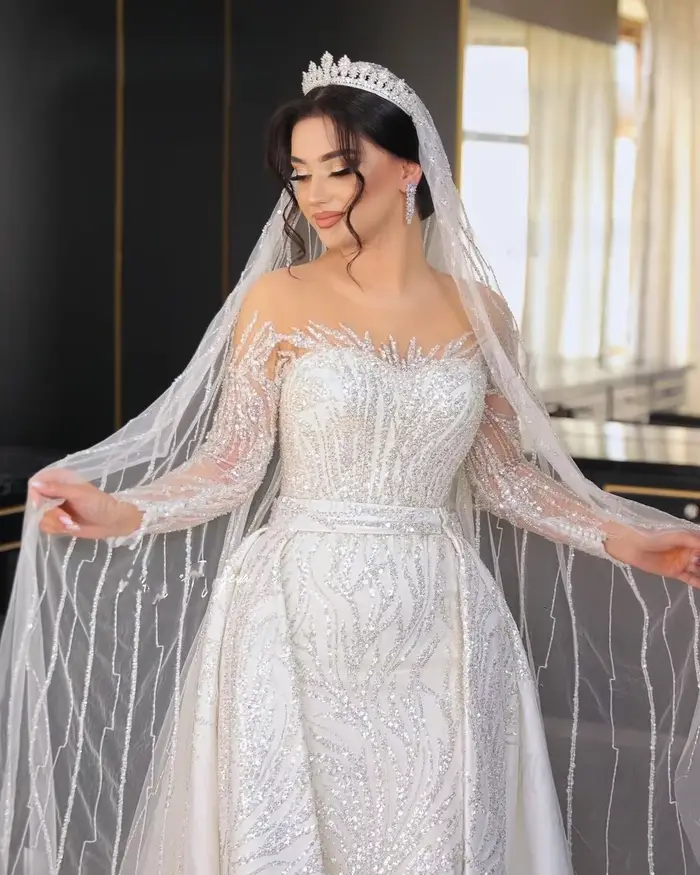 Robe de Mariée Sirène Scintillante en Dentelle de Luxe avec Train Détachable pour Femmes Occasions Spéciales