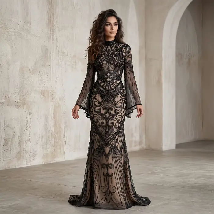 Robe de soirée Sharon Said Dubaï à motif géométrique perlé, manches longues évasées, silhouette sirène, forme de balayage pour femmes occasions spéciales