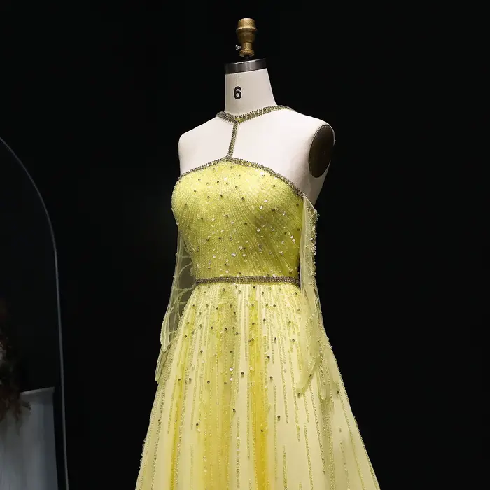 Robe de soirée de luxe jaune perlée et scintillante Sharon Said