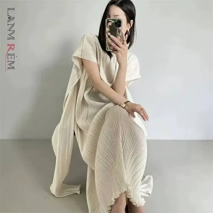 LANMREM Robe plissée pour femme, style vacances en bord de mer, haut de gamme, décontractée, col carré, asymétrique, robes d'été 2DB7724
