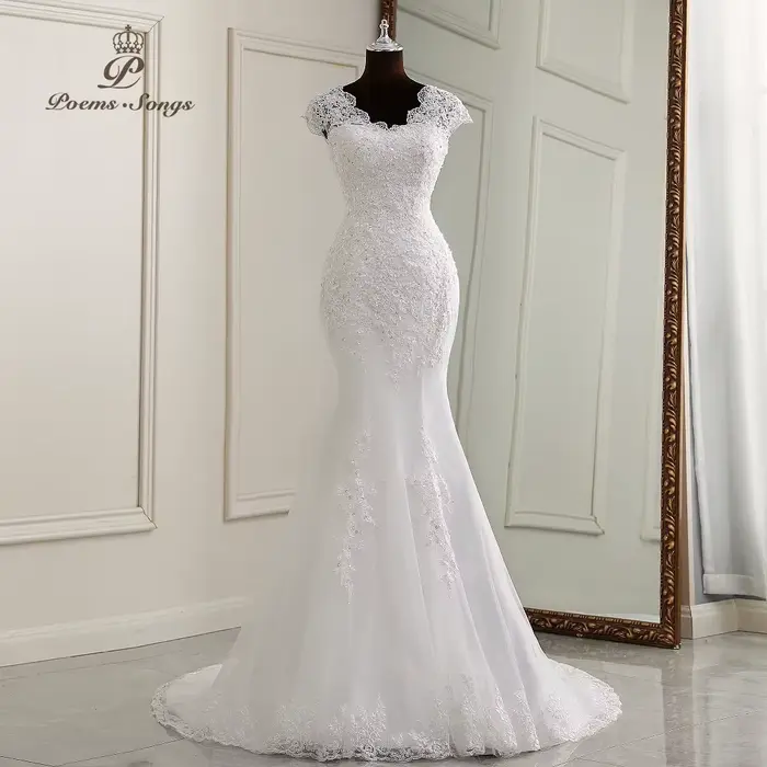 Robes élégantes personnalisées robe De mariée sirène manches courtes style dentelle Appliques robes 