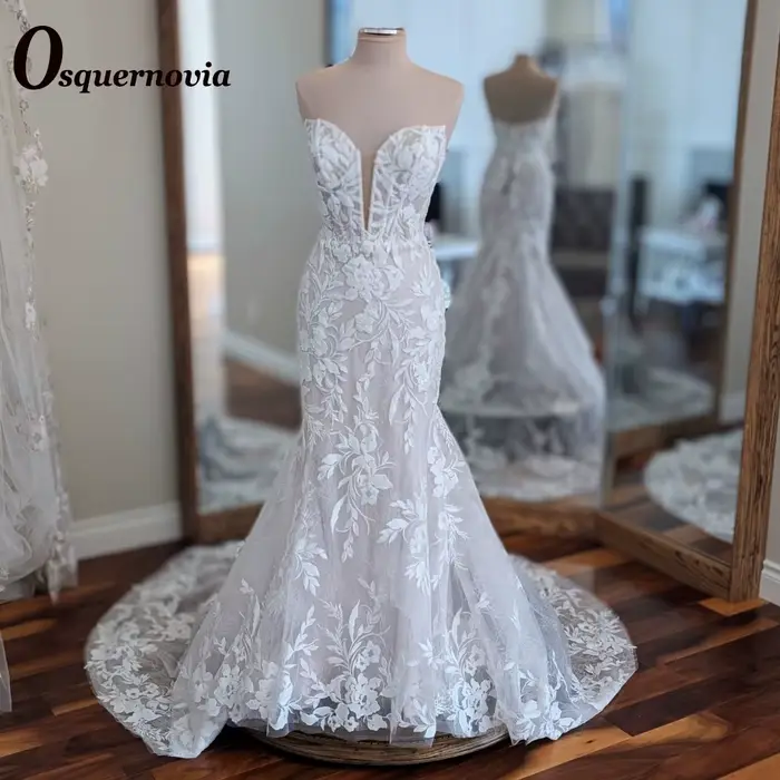 Osquernovia robes De mariée chérie attrayantes dentelle Appliques sirène Corset sans manches bouton