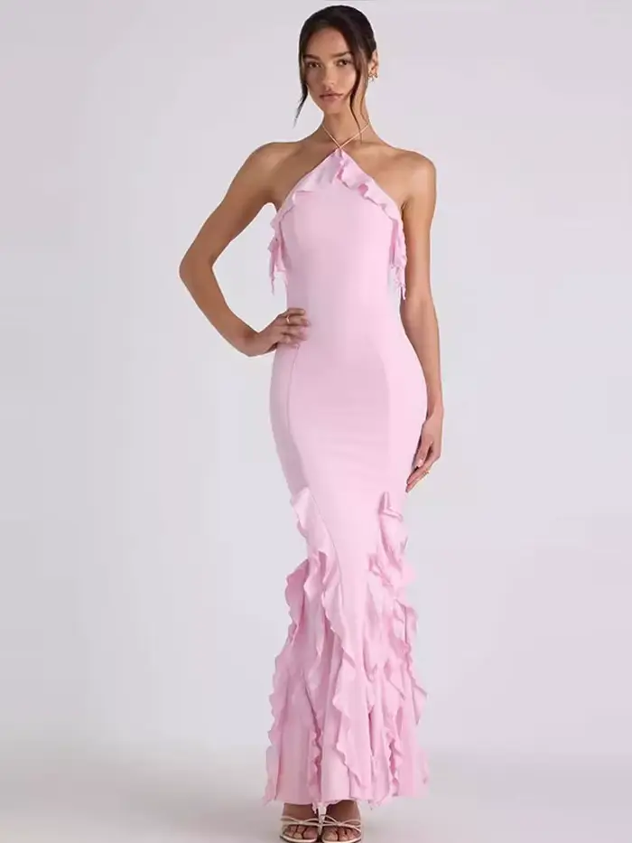 Décontracté gland Robes de soirée femmes Chic solide licou sans manches dos nu hanche paquet dame