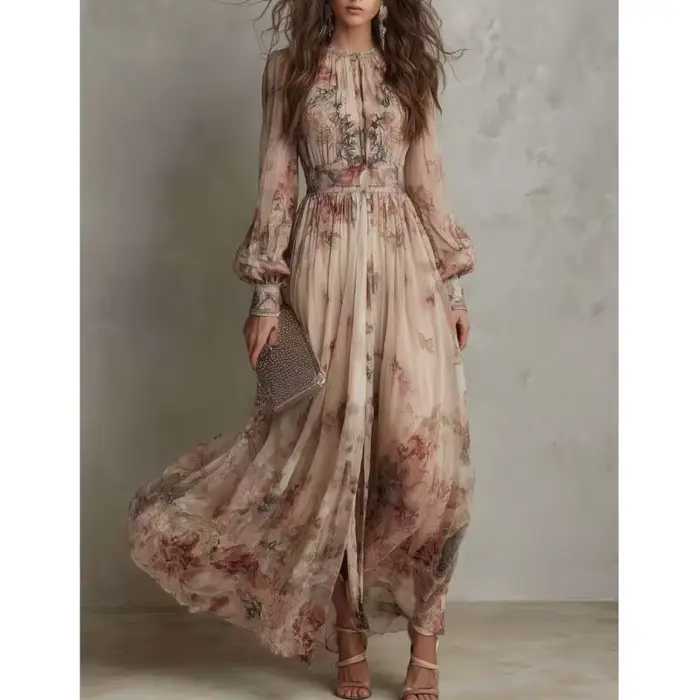 Robe longue plissée bohème vintage imprimée