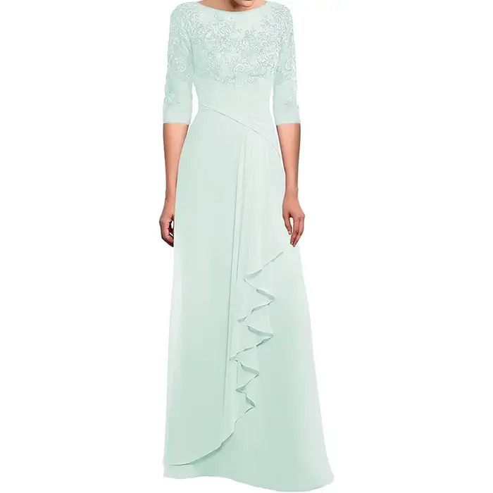 Mother of The Bride Dresses with Sleeves Chiffon Off Shoulder Lace Formal Evening Gown Wedding Guest