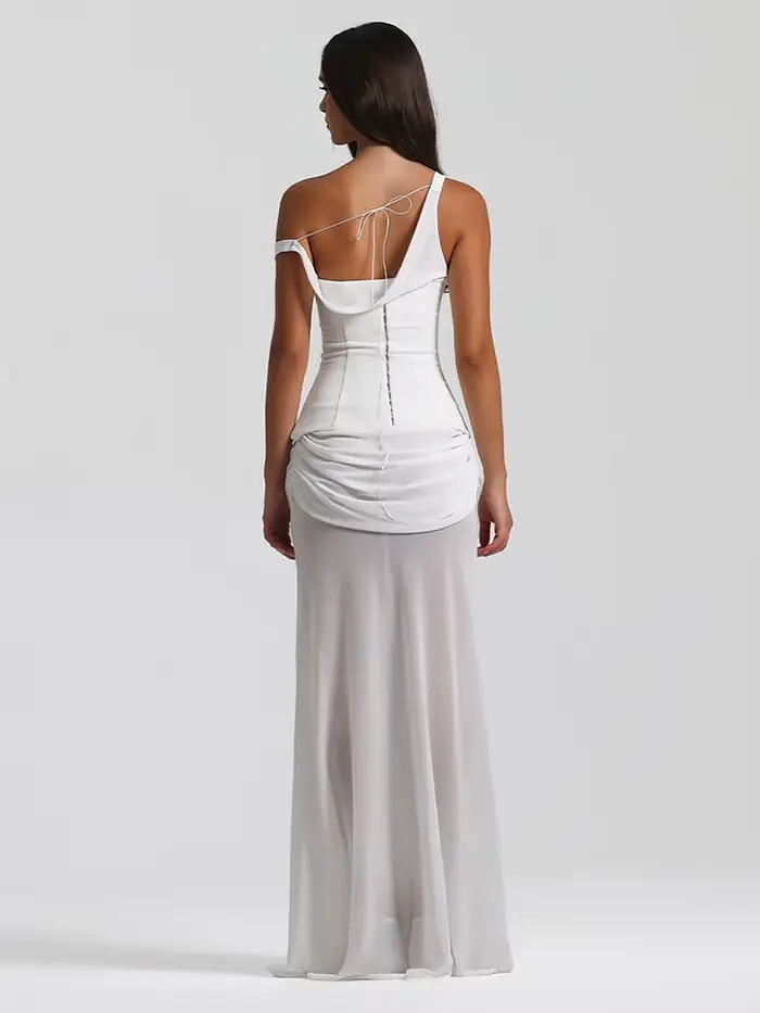 Robe de soirée blanche élégante, asymétrique épaule dénudée, drapée, pour événements formels, robe d'été, à la mode, sans manches, robe de mariée