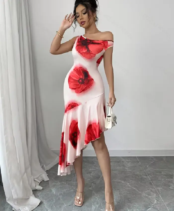 Robe décontractée à fleurs pour femmes junior, polyester, asymétrique, sans manches, mi-mollet, été, occasions spéciales