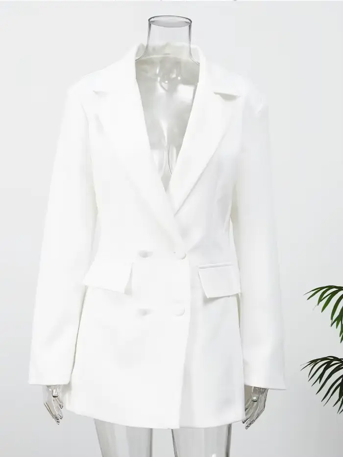 Chic blanc taille cintrée Robe femmes mode manches longues col en v profond Double boutonnage Mini R