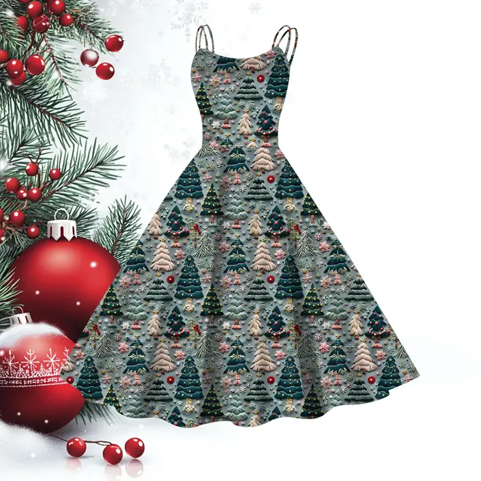 Robe de soirée sexy à bretelles spaghetti pour femmes, imprimé arbre de Noël vintage, coupe fluide, longueur aux genoux, polyester extensible, occasions spéciales et tous les jours