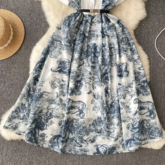 Robe Maxi Française Chic et Élégante Imprimée avec Manches Courtes Pour Femmes Occasions Spéciales Bureau Élégante