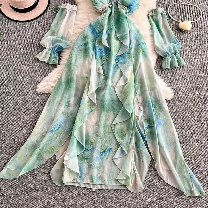 Robe en mousseline de soie gris sans manches pour femmes avec col en V et imprimé champignons à offrir pour été plage et soirées