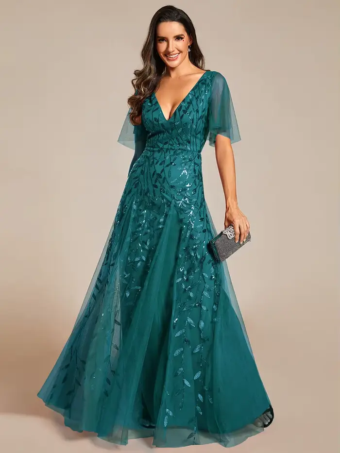 Robe de soirée élégante en gaze turquoise et paillettes avec décolleté en V et manches à volants pour femmes occasions spéciales