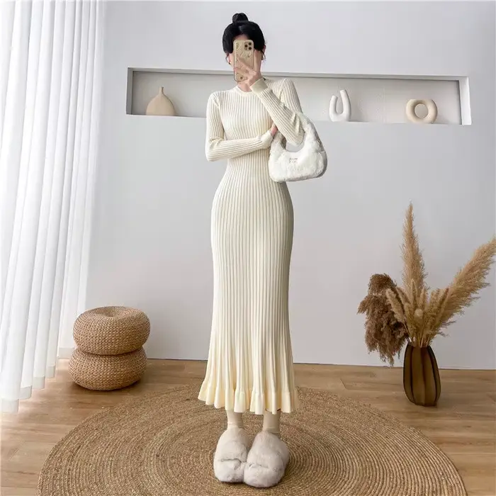 Robe en crochet abricot rétro confortable pour femmes occasions spéciales automne hiver élégante style bureau