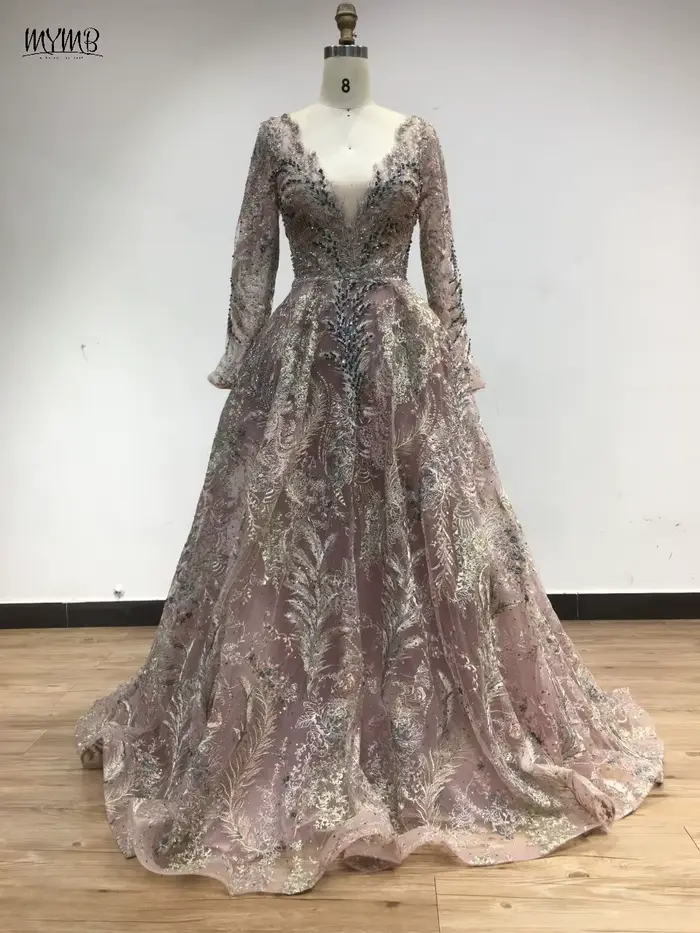 Robe de soirée MYMB en polyester avec décoration en perles et dentelle pour femmes, col en V, ligne A, mariage, fiançailles, soirée élégante, luxe, arabe