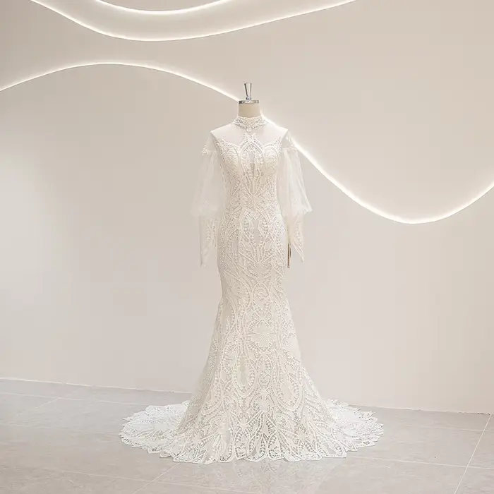 SL-9277 personnalisé haut cou robe de mariée sirène robes de mariée 2025 luxe conception perlée pour