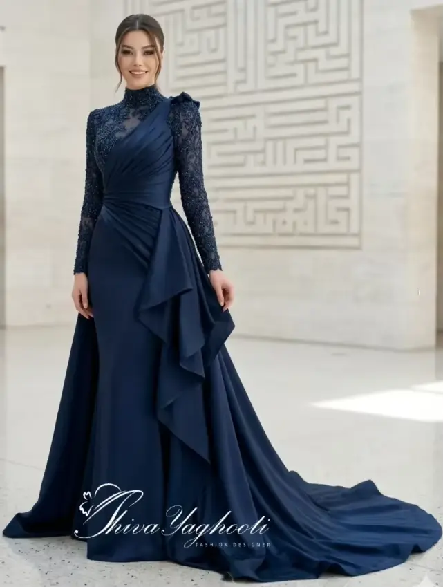 Robe de soirée formelle bleu marine du Moyen-Orient, en dentelle perlée et mousseline, à manches lon
