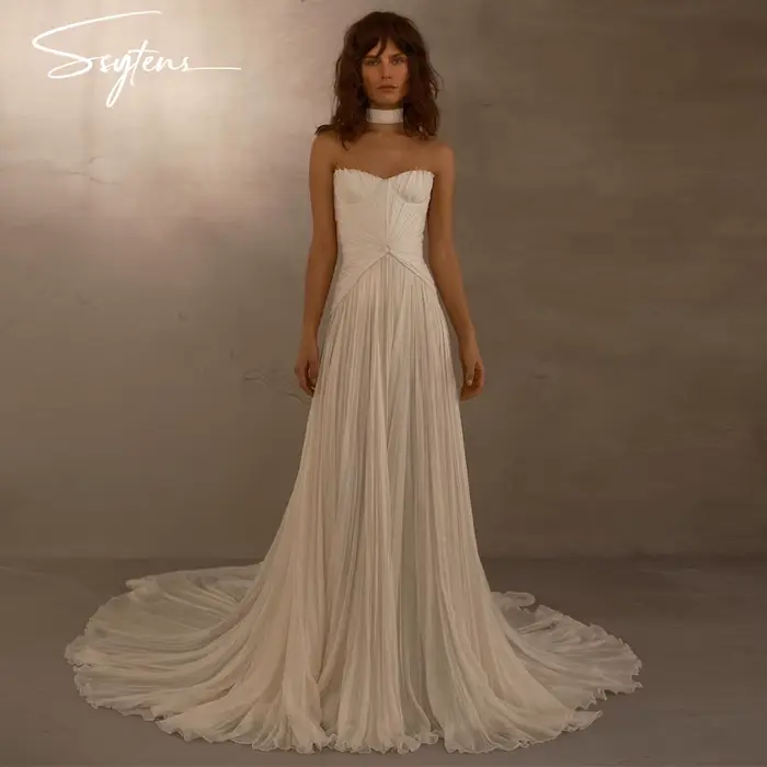 Robe de mariée bohème ivoire pour femmes, longue, plissée, ligne A, polyester satiné, vêtement éducatif de mariage, occasions spéciales, cérémonie de mariage, fête de famille, soirée scolaire