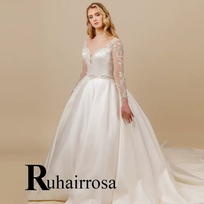 Ruhair Vintage robe De mariée pour mariée a-ligne Appliques fermeture éclair Court Train Satin chéri