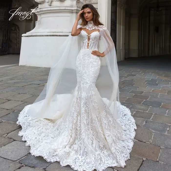 Robe de mariée sirène en dentelle personnalisée, robes de mariée chérie exquise, bouton appliques de