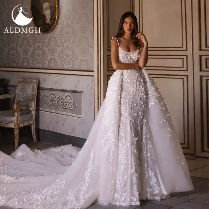 Aedmgh-Robe de mariée sirène, bretelles spaghetti festonnées, fleurs 3D, poignées, train amovible, r