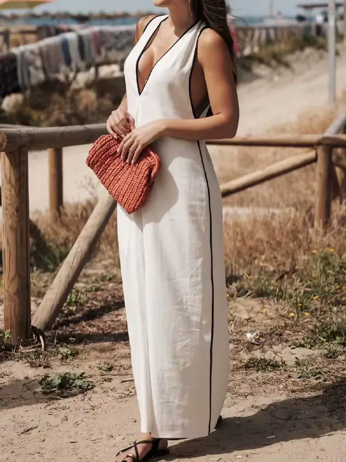 HH femmes vacances nouveau solide col en v lin mélange robe mi-longue été femme élégante Sexy sans manches fendu ourlet