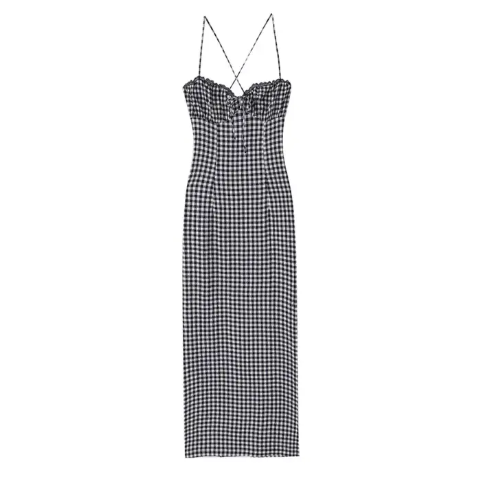 Robe midi élégante à carreaux pour femme printemps été sans manches large bretelles occassions spéciales femmes occasions hipseam polyester