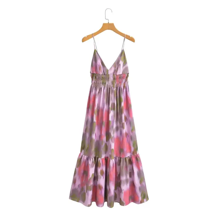 Robe de plage élégante pour femmes col en V dos nu ligne A bohème printemps été polyesters sexy vacances 2025