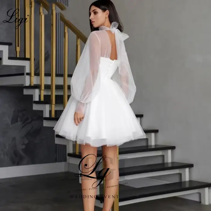 Robe de mariée courte LIGI en coton avec manches longues bouffantes, col rond, silhouette une ligne, personnalisable pour femmes, occasions spéciales et cérémonies de mariage