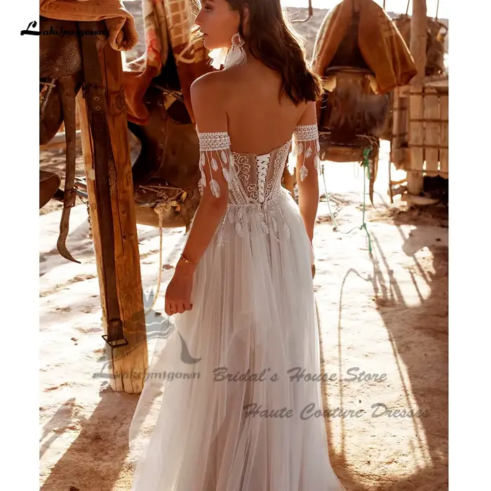 Robe de Mariée Bohème à Lacets dans le Dos en Polyester Tulle pour Femmes Occasions Spéciales Cérémonies Civiles Élégance Unique