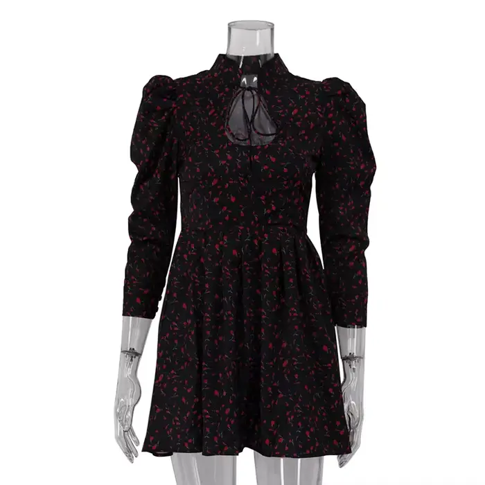 Robe courte florale avec col montant et à nouer, jupe trapèze, taille empire pour femmes, polyester, mini, printemps été