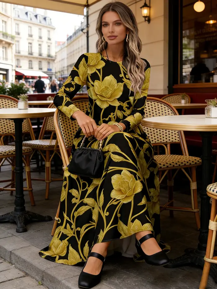 Robe à manches longues pour femme, tenue décontractée pour les vacances d'été, robe midi fluide avec