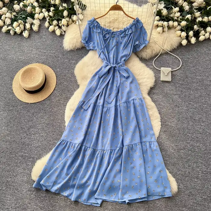 Robe longue femme coupe trapèze Y2K streetwear col rond manches courtes imprimée élégante pour soirée et travail taille ajustée été 2026