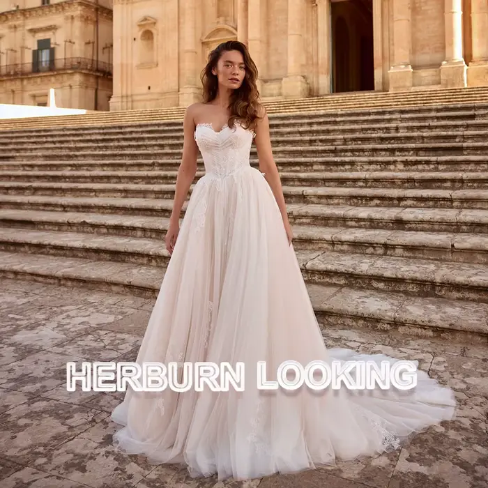 Robe de mariée élégante HERBURN coupe trapèze pour femme, avec corset en dentelle, dos plissé, fermeture éclair, robes de fiançailles, Vestidos De Novia personnalisables