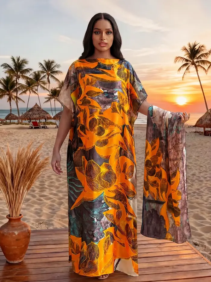 Robe d'été imprimée tendance avec grand foulard, Kaftan Dubaï Turquie, Abaya ample musulmane, Robe d
