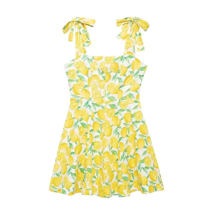 Mini robe d'été à imprimé citron pour femmes, col carré doux, robe de plage courte en fibre, dame, r