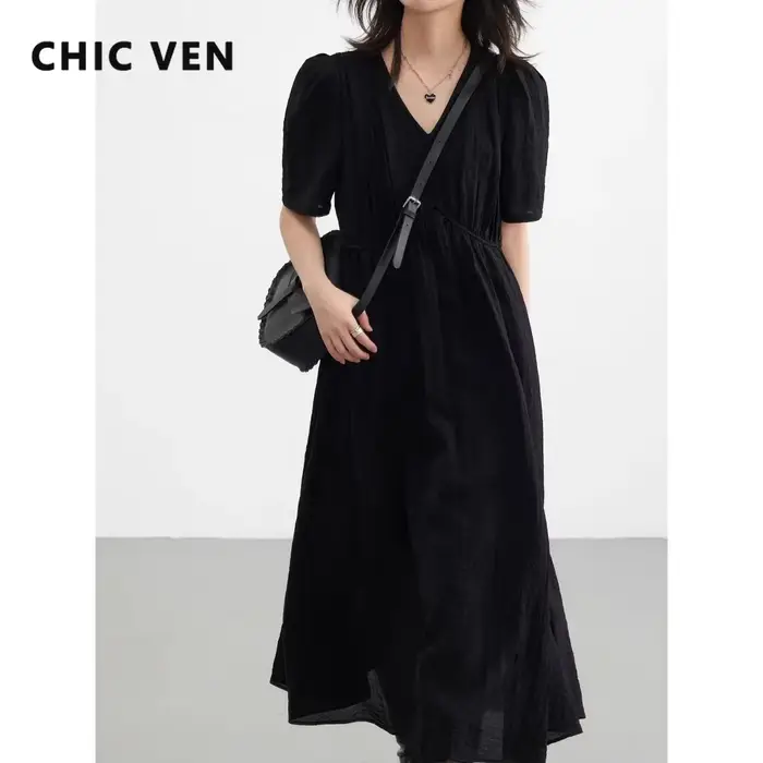 CHIC VEN-Robe longue à manches bouffantes et col en V pour femme