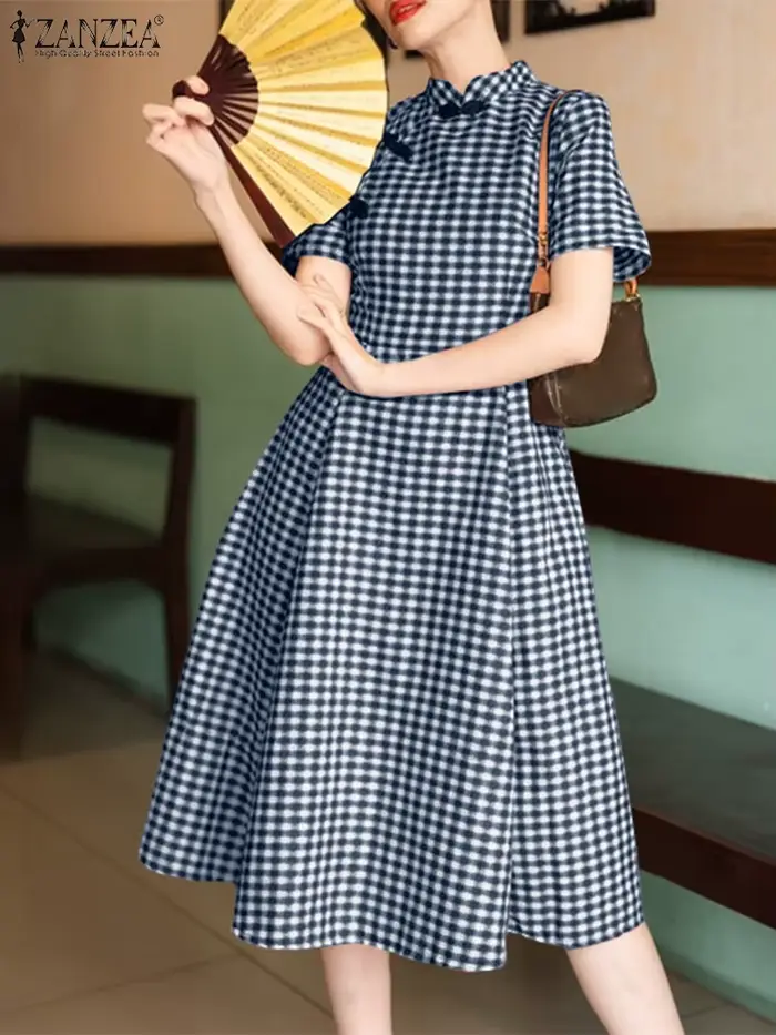 Femmes élégantes robes mi-longues ZANZEA été Plaid robe à carreaux col montant fête