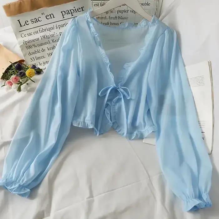 Manches longues mince respirant T-shirts femmes dentelle nœud Cardigan Blouse vêtements volants protection solaire vêtem