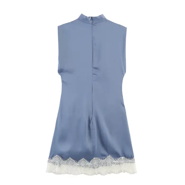 Robe bleue élégante Lyaner Amiily col roulé sans manches ourlet en dentelle à volants mini slim fit automne hiver pour femme occasions spéciales