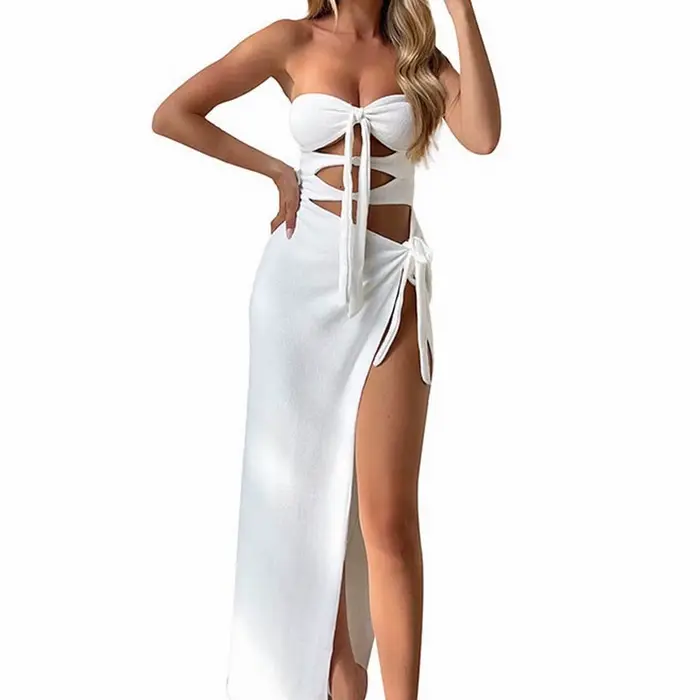 Robes d'été blanches pour femmes robe élégante pour femmes sans bretelles sans manches évidé torsion