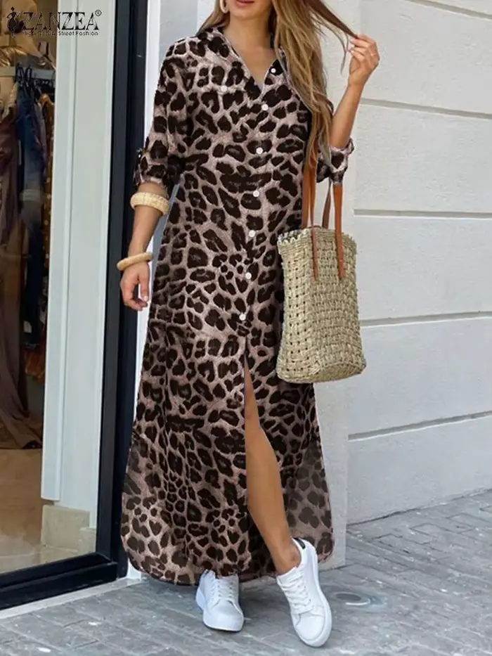 ZANZEA fête Vintage léopard Robe femmes 2025 automne décontracté à manches longues Maxi