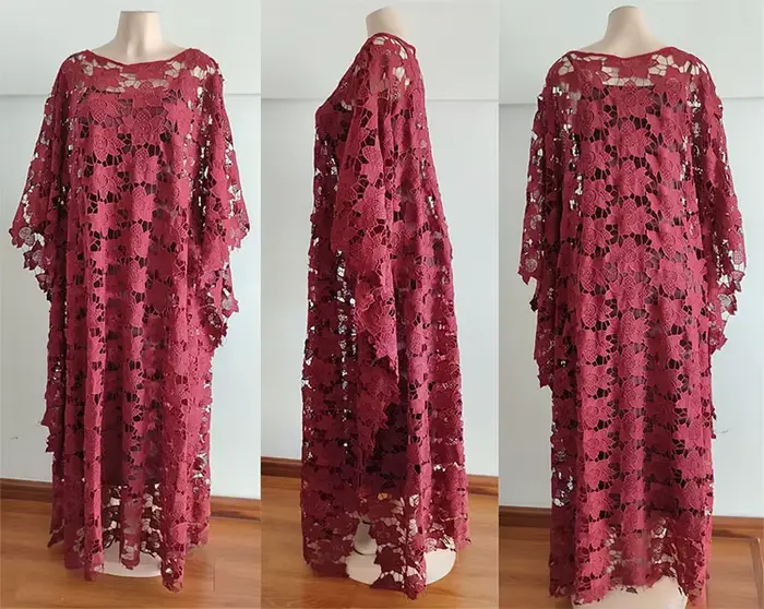 Robe en dentelle ample pour femmes, élégante et décontractée, idéale pour mariages et soirées de gala, en polyester et fibre synthétique, style africain, col rond et manches chauve-souris