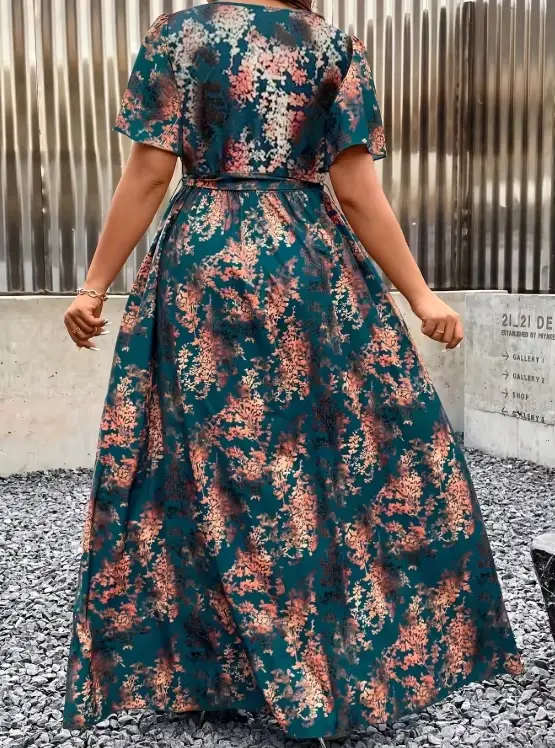 Robe longue élégante à imprimé bohème vert turquoise et marron pour femmes