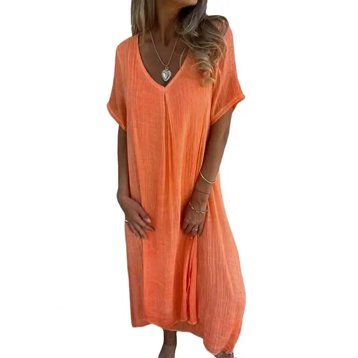 Robe de plage droite en mélange de coton style bohème pour femme col en V et drapé bleu orange rose été