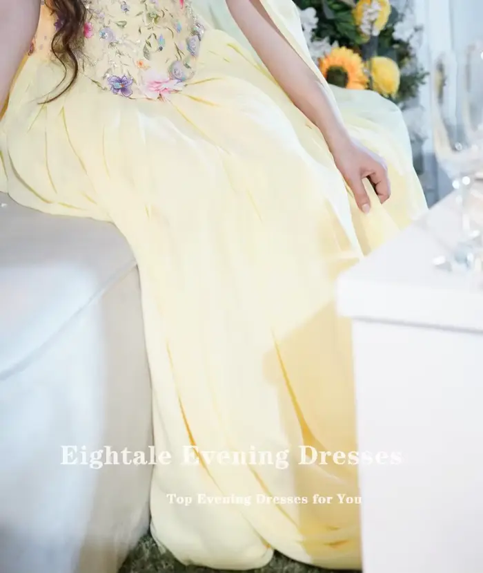 Robe de soirée arabe Eightale en mousseline de soie jaune avec fleurs 3D