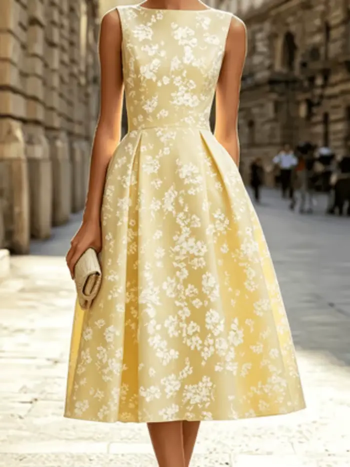 Robe florale à manches courtes, col rond, taille cintrée, coupe trapèze mi-longue, style européen, c