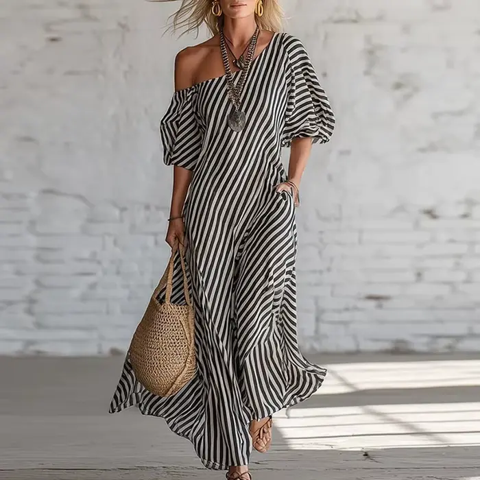 Nouvelle Robe Bohème Femme Printemps 2026 Élégante à Rayures Imprimées avec Poches