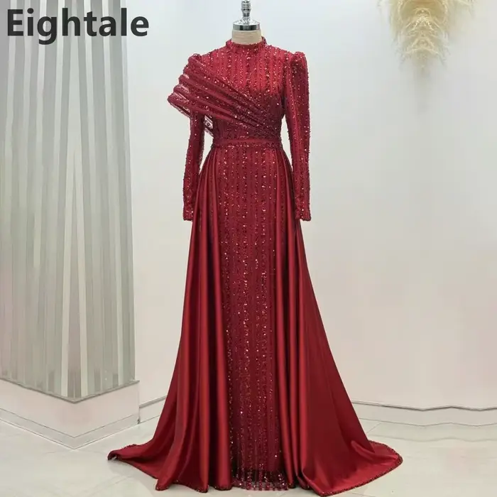 Robe de soirée sirène Champagne personnalisée, manches longues, col haut, luxe, paillettes, robe de 