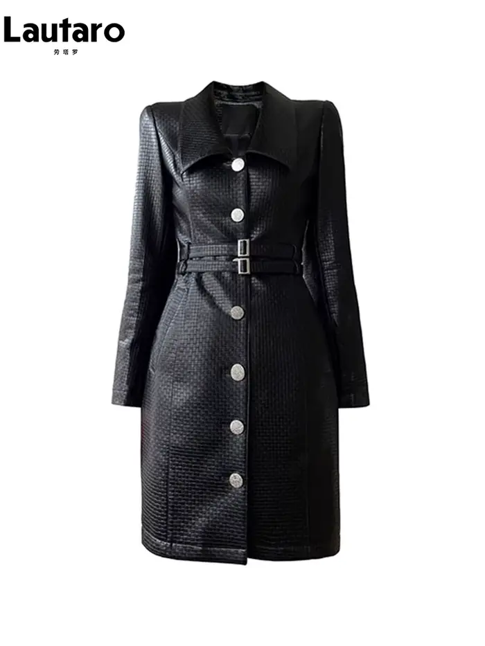 Lautaro-Robe cintrée en cuir PU vichy noir pour femme
